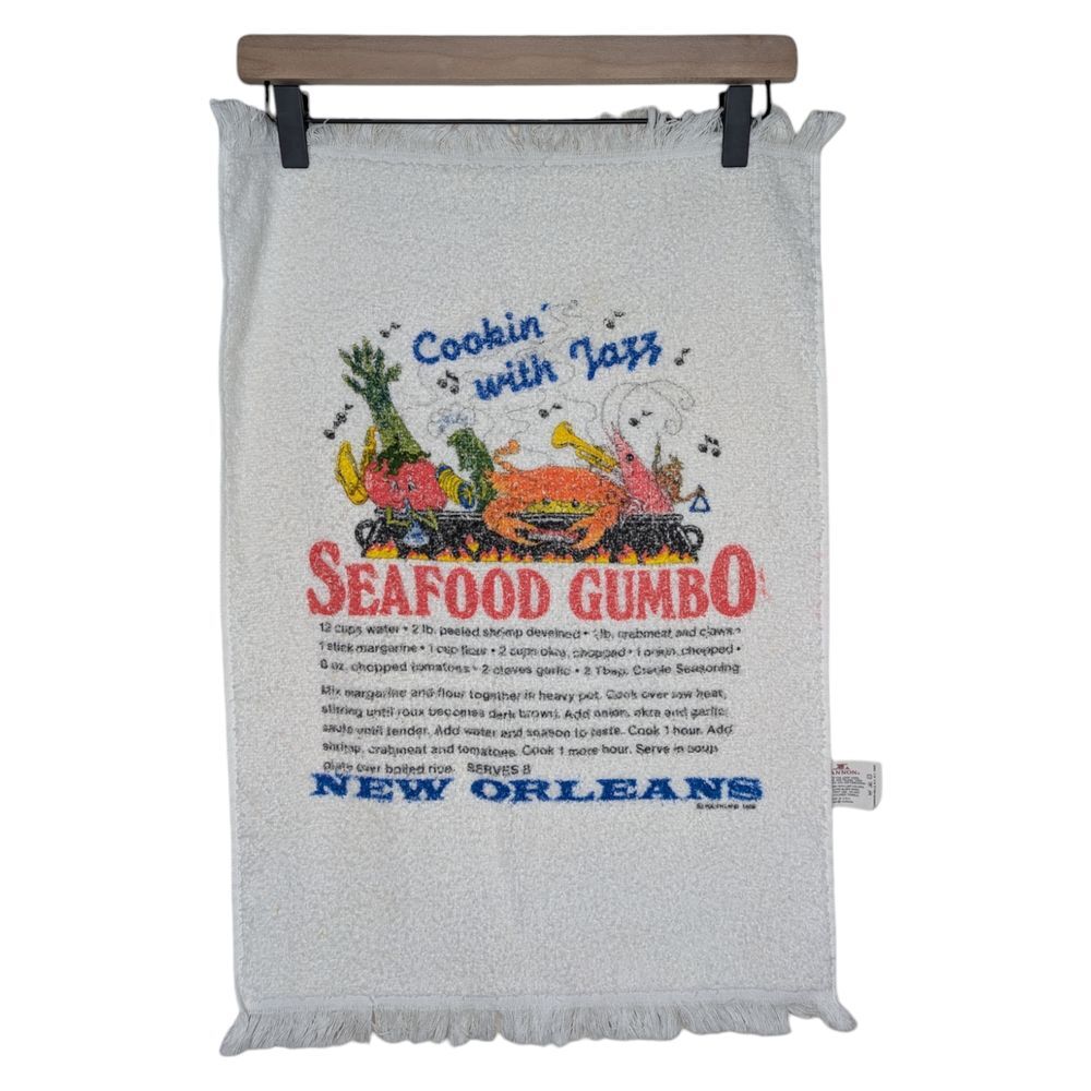 Vintage‎ New Orleans Seafood Gumbo Recipe Kitchen Hand Dish Towel Cooking 1989